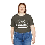 Classic pickleball T-shirt with "Pickleball" script design, featuring comfortable cotton fabric and casual fit.