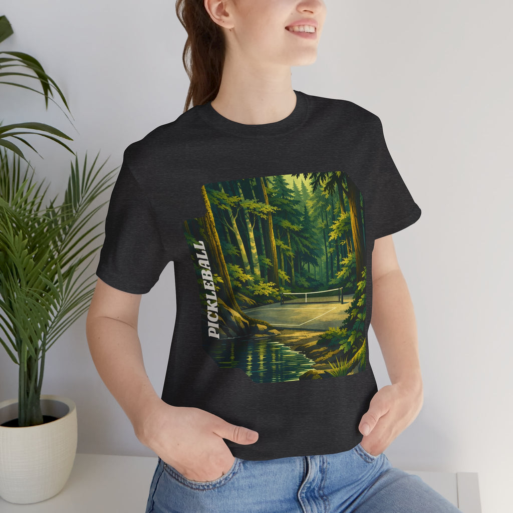 Unisex Hidden Forest Pickleball T-Shirt by Printify featuring Bainbridge Island tribute design on a casual tee.