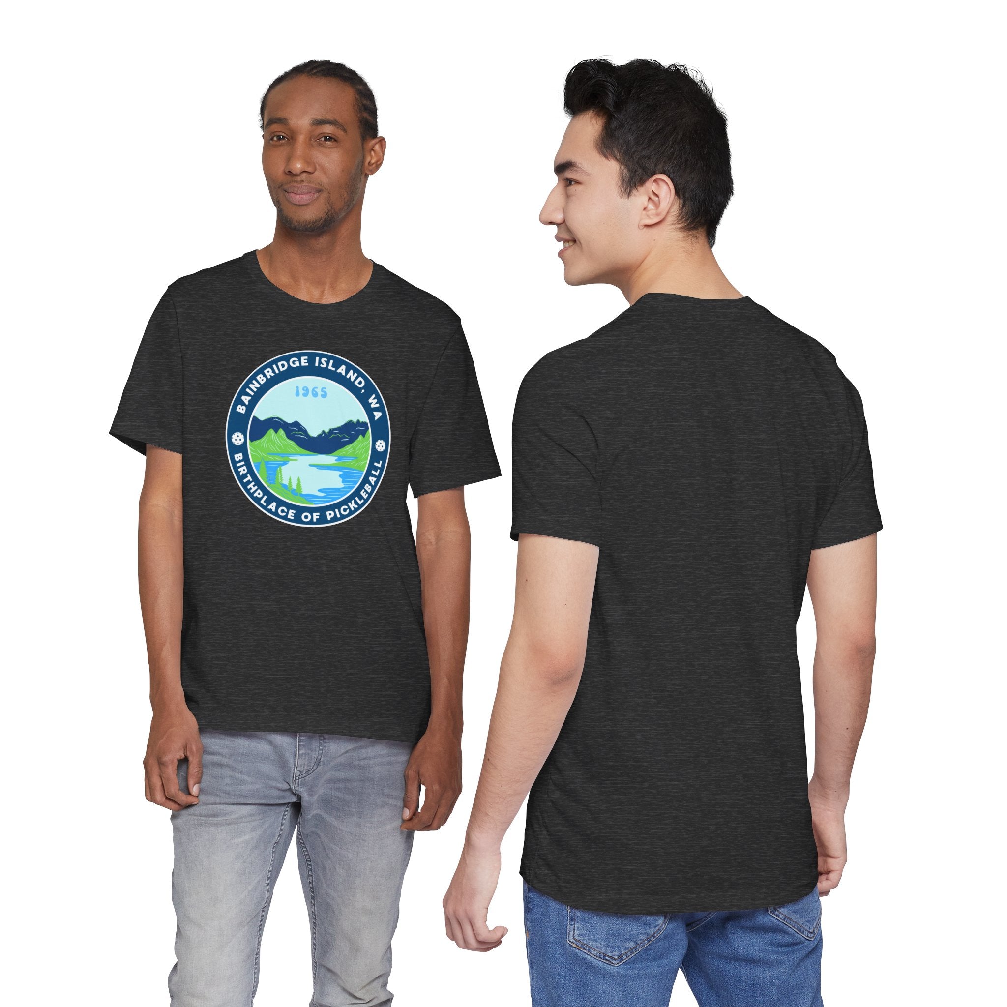 Unisex Bainbridge Island Pickleball T-Shirt with "Birthplace of Pickleball 1965" logo, made by Printify, featuring a comfortable fit.
