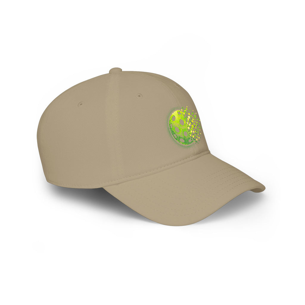 Pixelated Pickleball Cap Neon Green low profile cotton baseball hat with printed logo, stylish and comfortable for sports and casual wear.