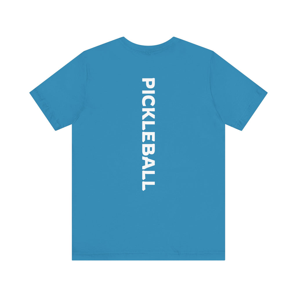 Men's Retro Pickleball Action Tee with dynamic front silhouette and vertical 'PICKLEBALL' lettering on the back, by Printify.