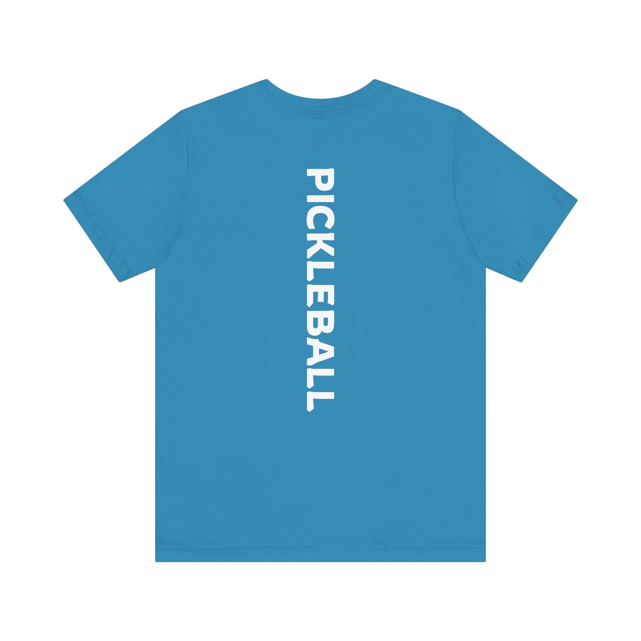 Men's Retro Pickleball Action Tee with dynamic front silhouette and vertical 'PICKLEBALL' lettering on the back, by Printify.