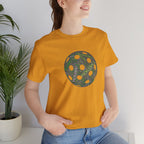 Pickleball Word Cloud T-Shirt with pickleball-shaped graphic, featuring words like dink, pickle, and kitchen, casual sportswear.