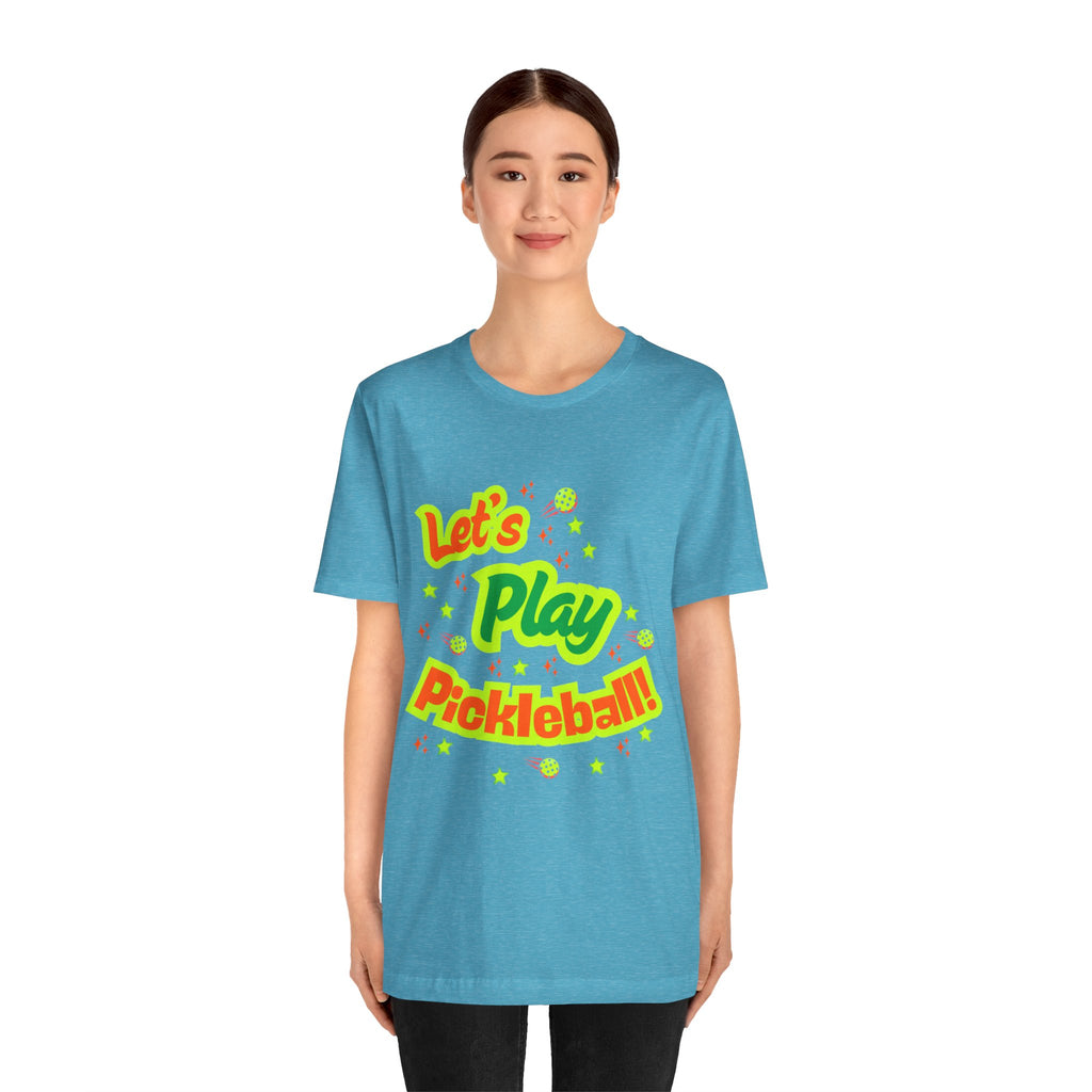 Neon orange and electric green pickleball rally T-shirt with court graphic, casual fit, by Printify.