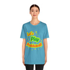 Neon orange and electric green pickleball rally T-shirt with court graphic, casual athletic wear by Printify.