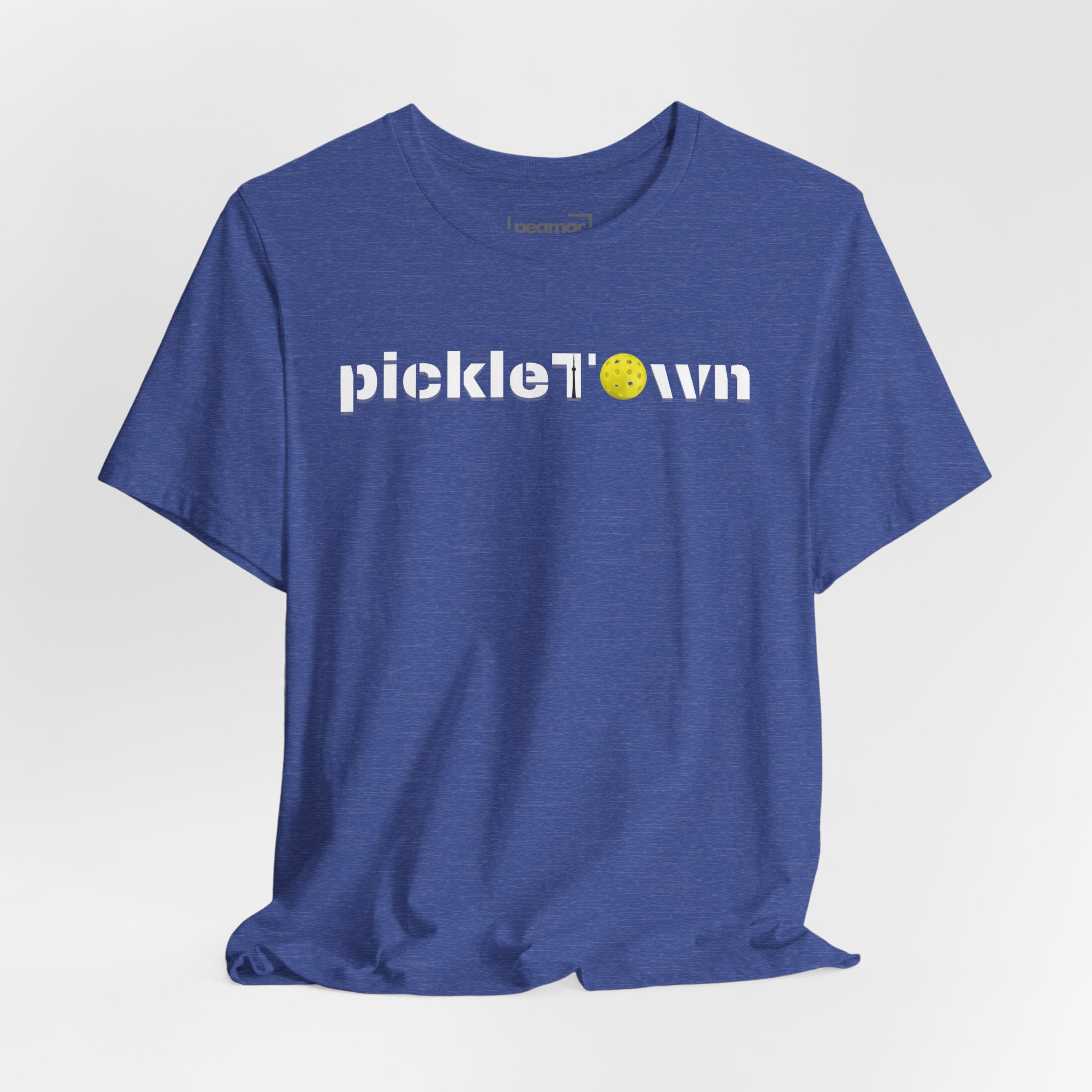 Toronto PickleTOwn T-Shirt featuring the CN Tower and Pickleball ‘O’ design, casual fit, printed by Printify.