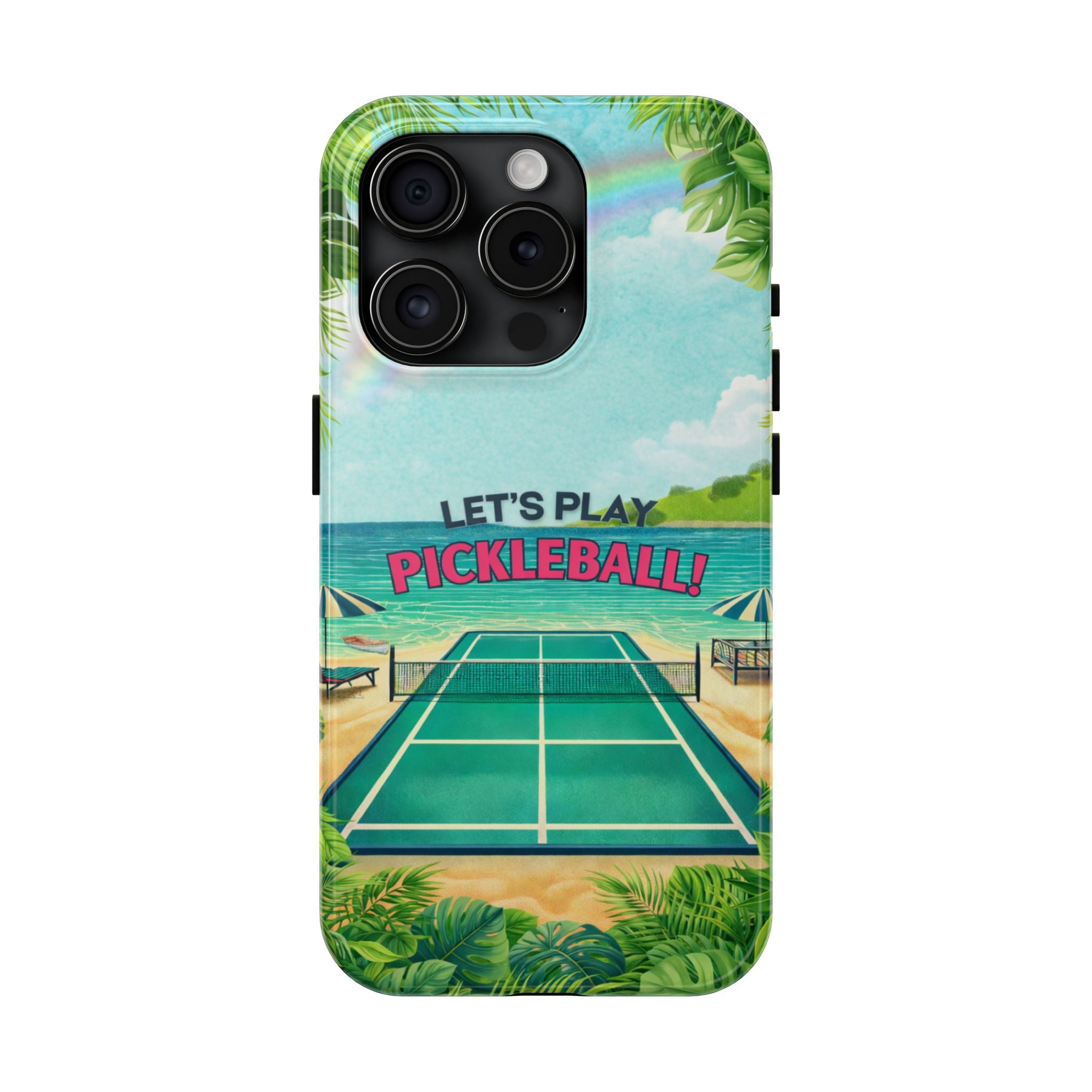 Let's Play Pickleball! Tropical Tough Phone Case | Supports Wireless Charging | Compatible with iPhone and Samsung smartphones