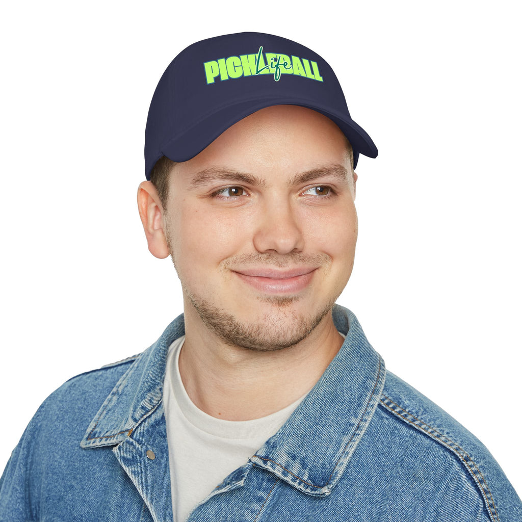 Green and blue script logo Pickleball Life low profile baseball cap by Printify, showing front view with adjustable strap