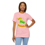 Neon orange and electric green pickleball rally T-shirt with court graphic from Printify, casual sportswear for active wear.