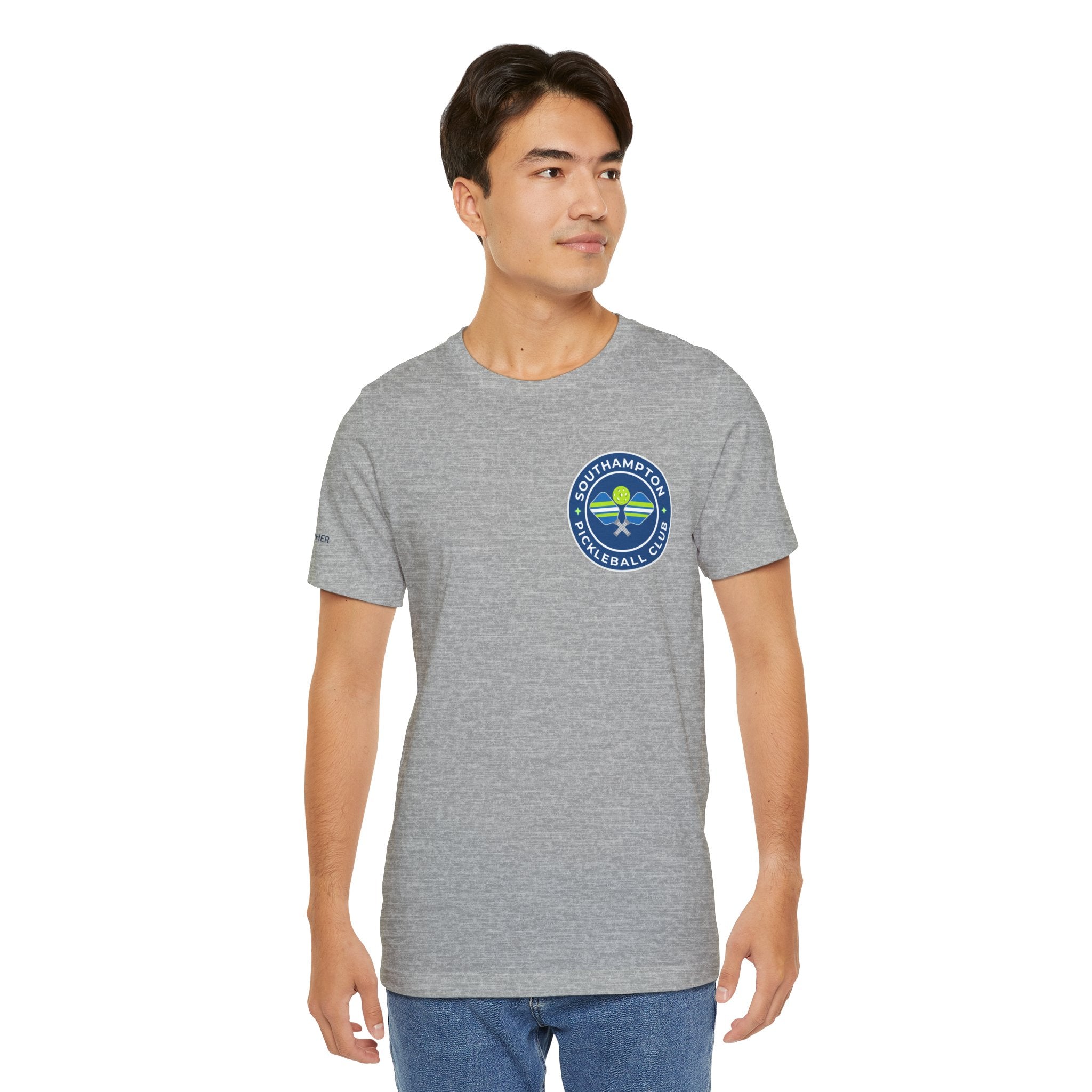 Personalized pickleball T-shirt by Printify featuring custom name sleeve, club logo, and pickleball graphic on the back.