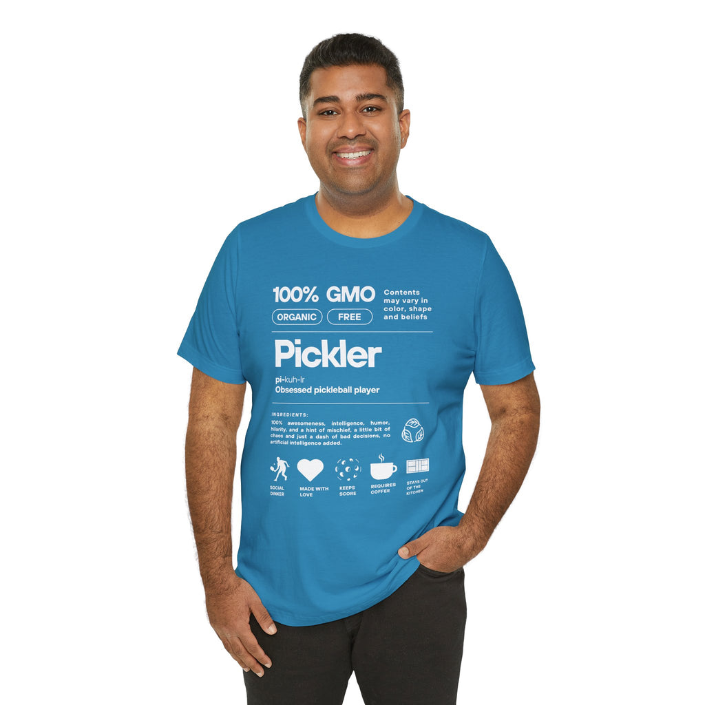 Men's white Pickler Funny Definitions T-shirt with pickleball-themed text, lightweight activewear by Printify.