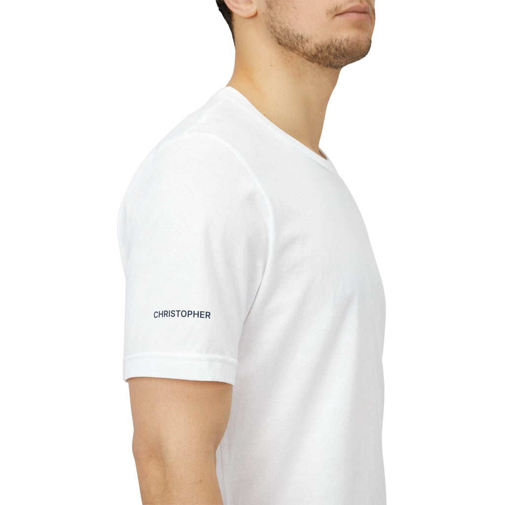Personalized pickleball T-shirt by Printify with custom name on sleeve and club logo, featuring pickleball design on center back.