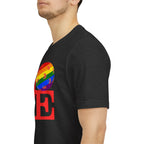 Rainbow LGBTQ2 pride T-shirt featuring the LOVE Pickleball logo, colorful design, and comfortable fit from Printify.