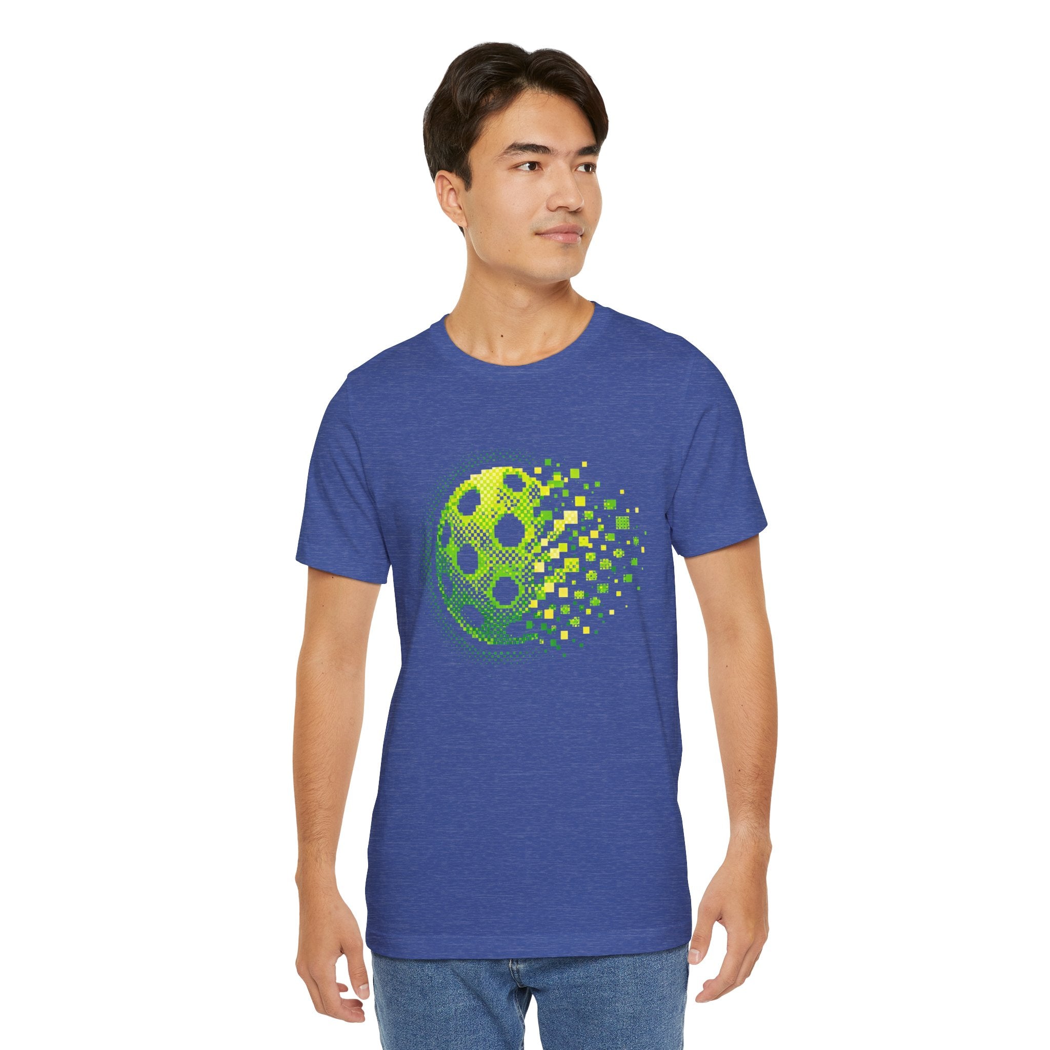 Green Pixelated Pickleball Tee with retro court graphic, casual T-shirt by Printify featuring vibrant pickleball design.