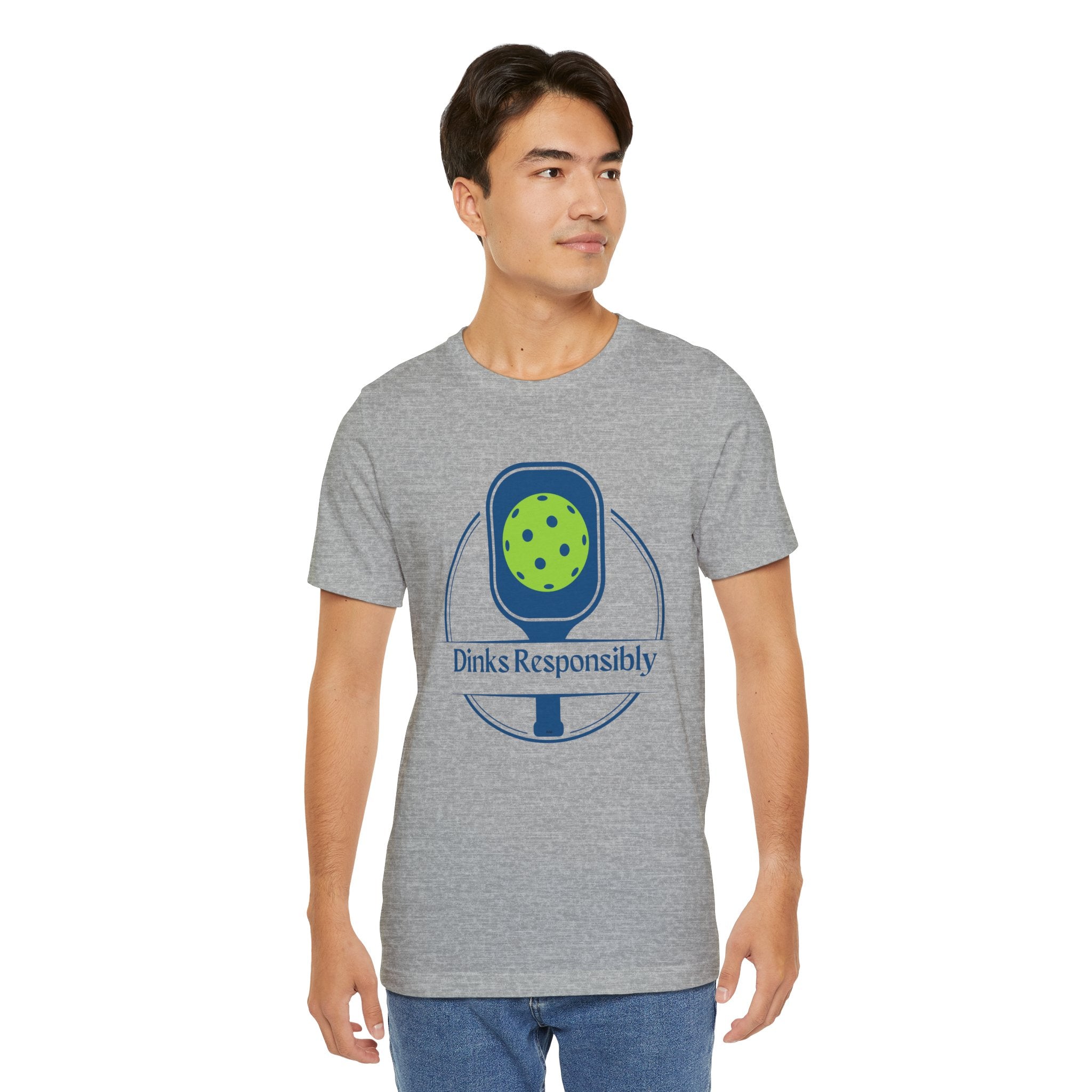 Dinks Responsibly pickleball T-shirt with paddle and ball graphic, casual funny pickleball shirt by Printify.