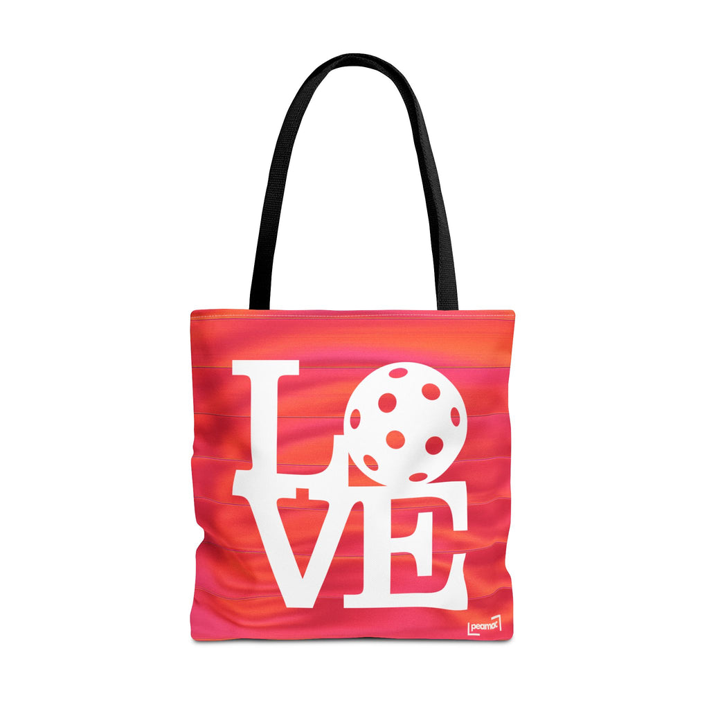 Large Printify LOVE Pickleball tote bag in sporty orange and pink with ample space for carrying pickleball gear.