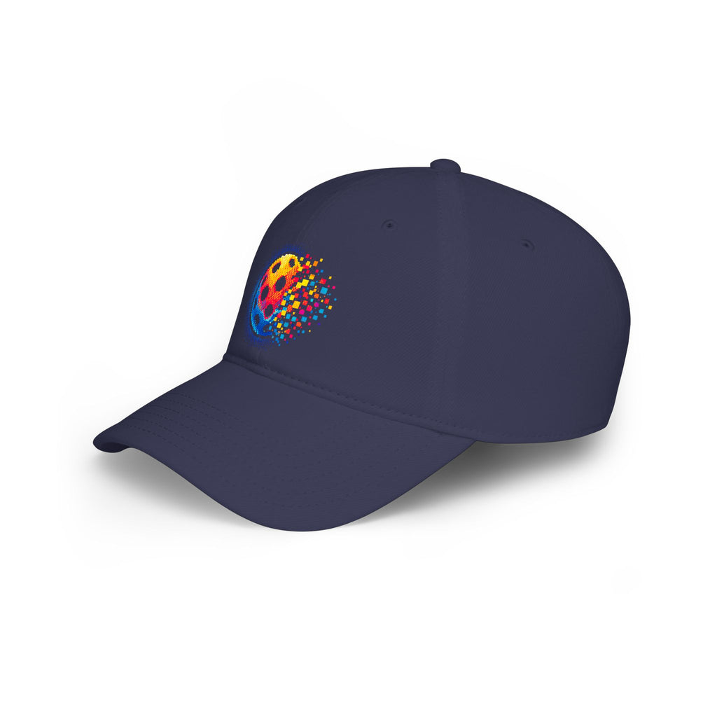 Pixelated Pickleball Cap, low profile cotton baseball hat by Printify, showing a stylish, casual design with a pixelated pickleball pattern.