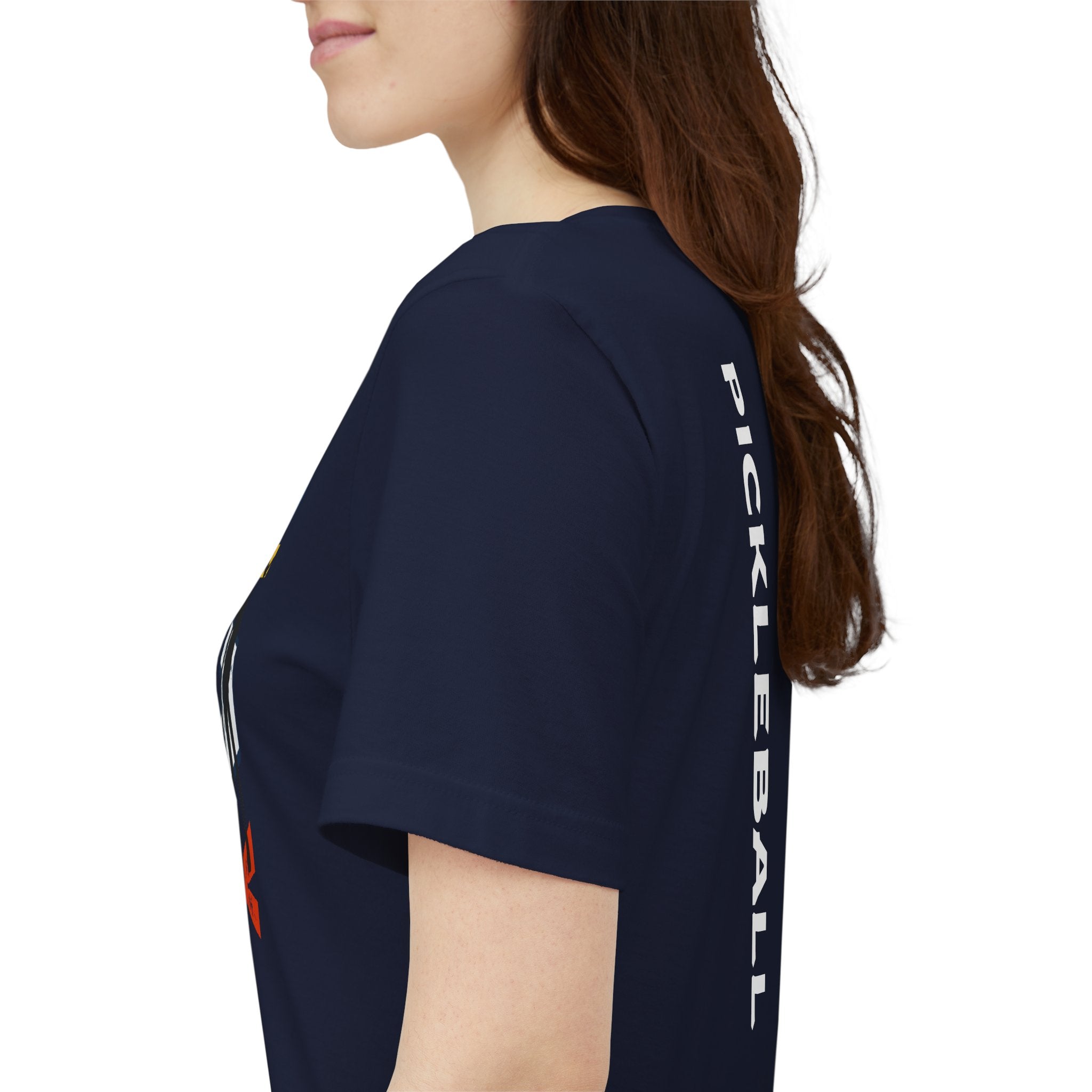 Women's retro-inspired pickleball T-shirt with a vertical back print, featuring the word "PICKLEBALL" in bold, casual style.