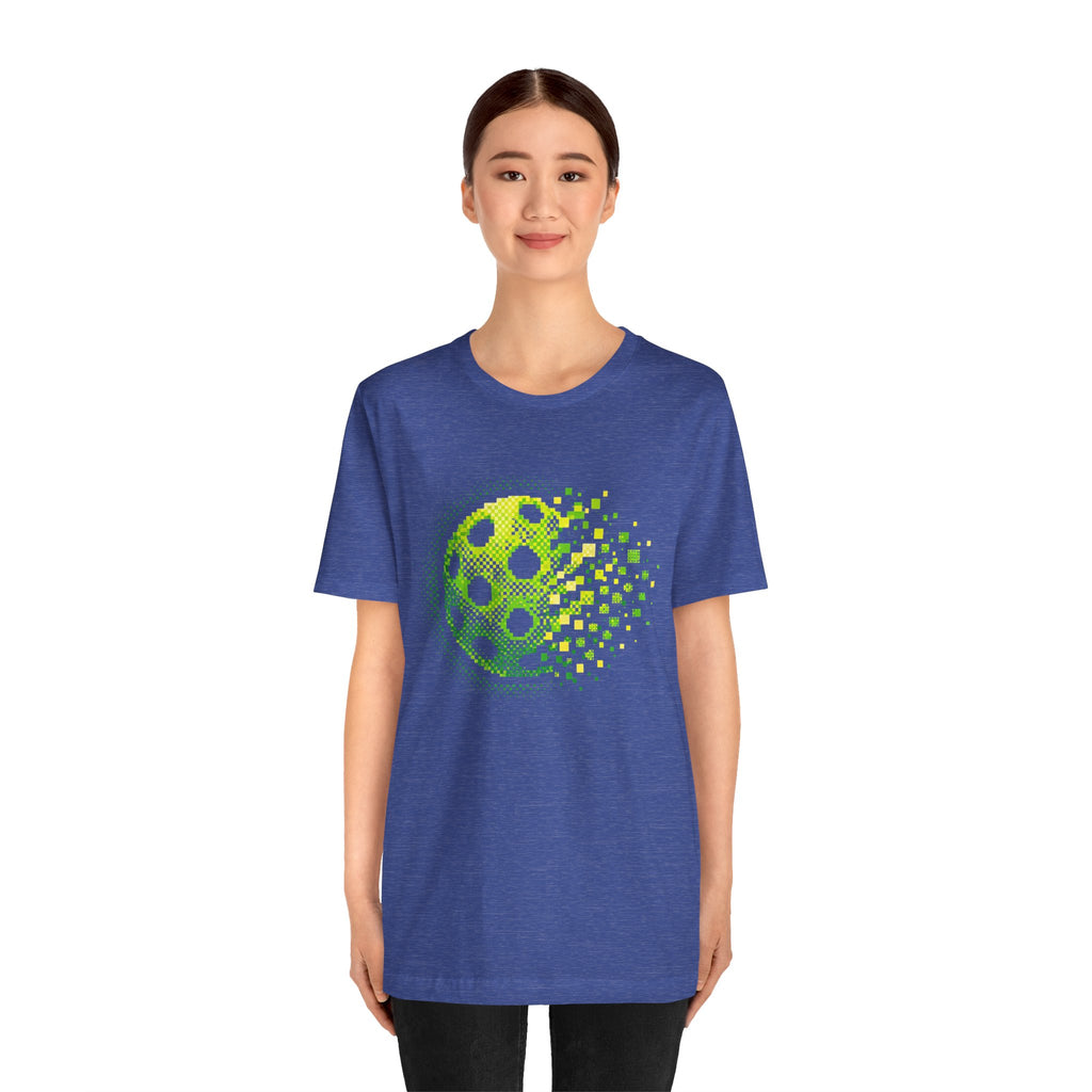 Green Pixelated Pickleball Tee with retro court graphic, unisex T-shirt by Printify, featuring vibrant pickleball design.
