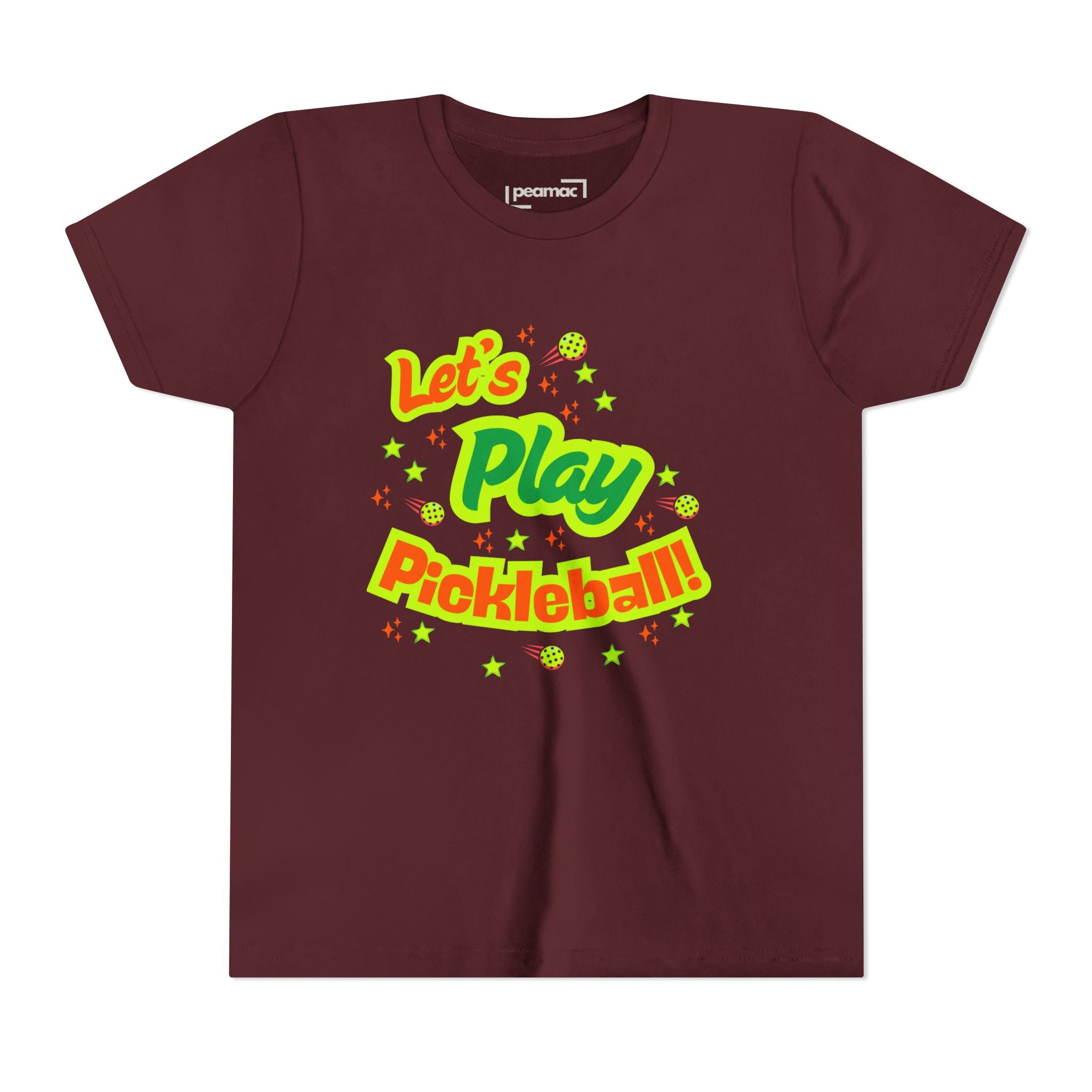 Youth neon pickleball graphic t-shirt for kids, featuring colorful "Let's Play Pickleball!" print on a comfortable kids' shirt.