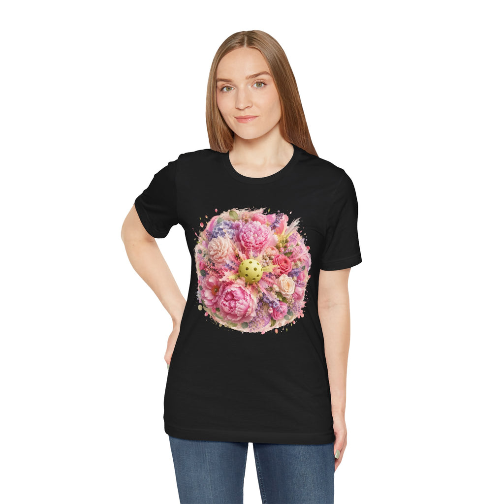 Unisex Peony Pickleball Tee made of premium cotton, featuring a colorful floral peony design on a comfortable T-shirt.