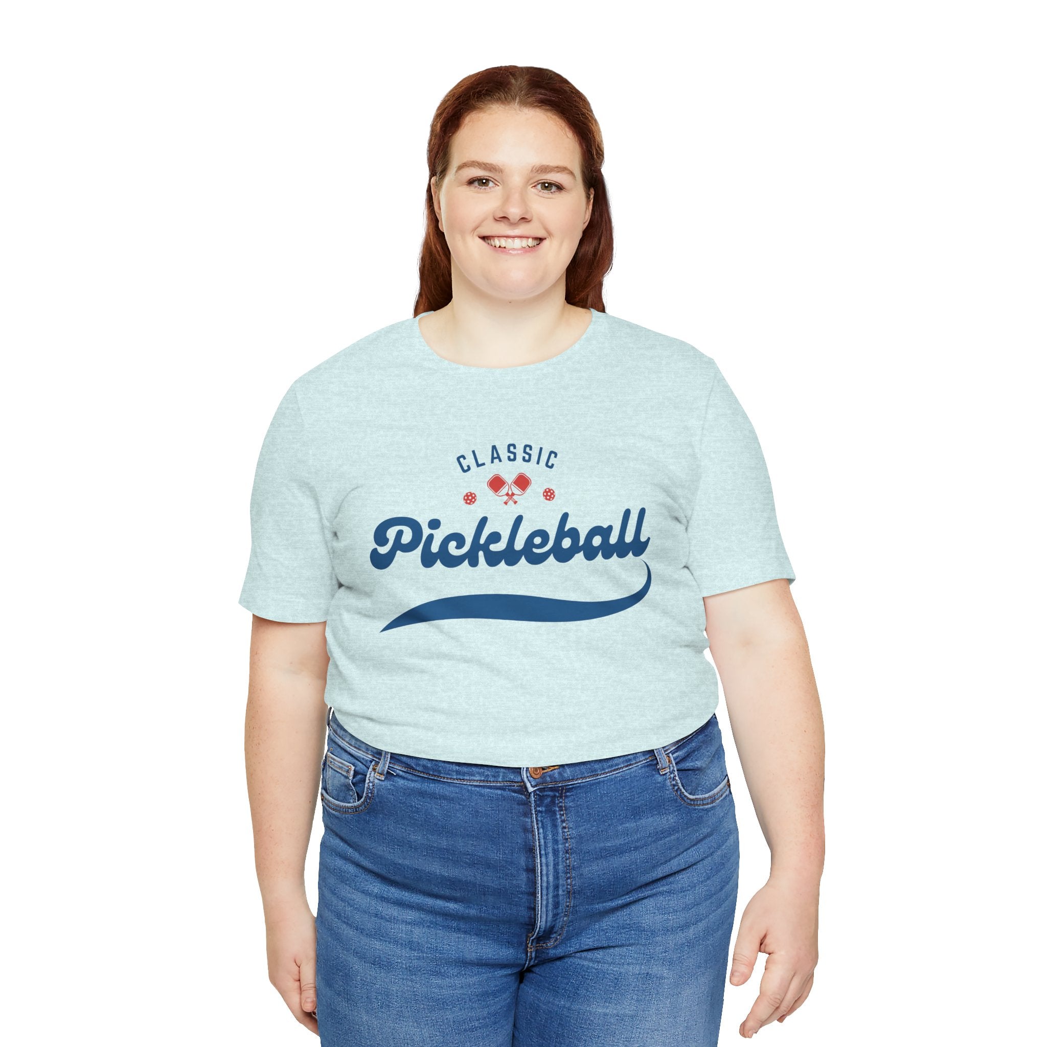 Red and blue pickleball script T-shirt featuring paddle and ball design, casual apparel by Printify