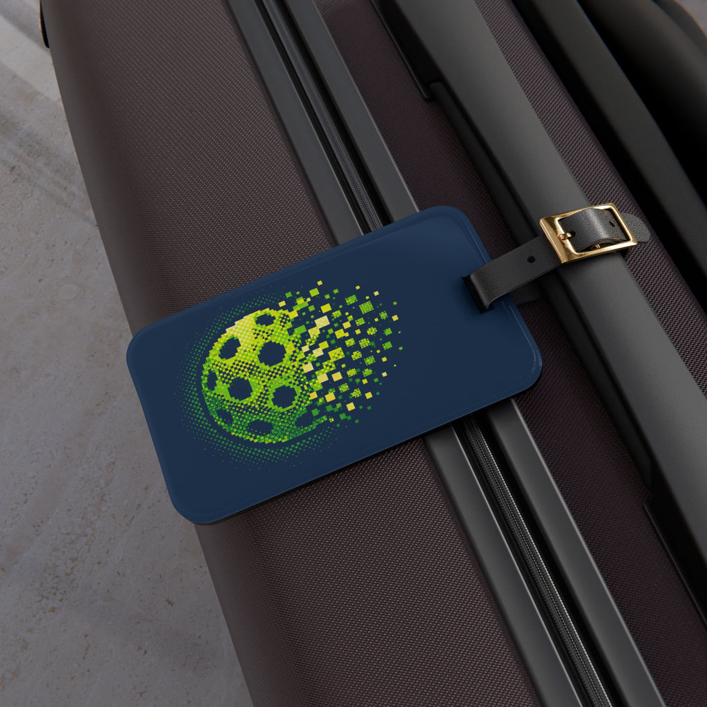 Green and blue Matrix Burst Pickleball Court ID luggage tag with leather strap and buckle, designed for easy identification.