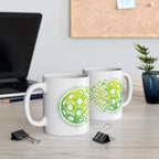 Green ceramic mug with retro pixelated pickleball explosion design, available in 11oz and 15oz sizes, by Printify.