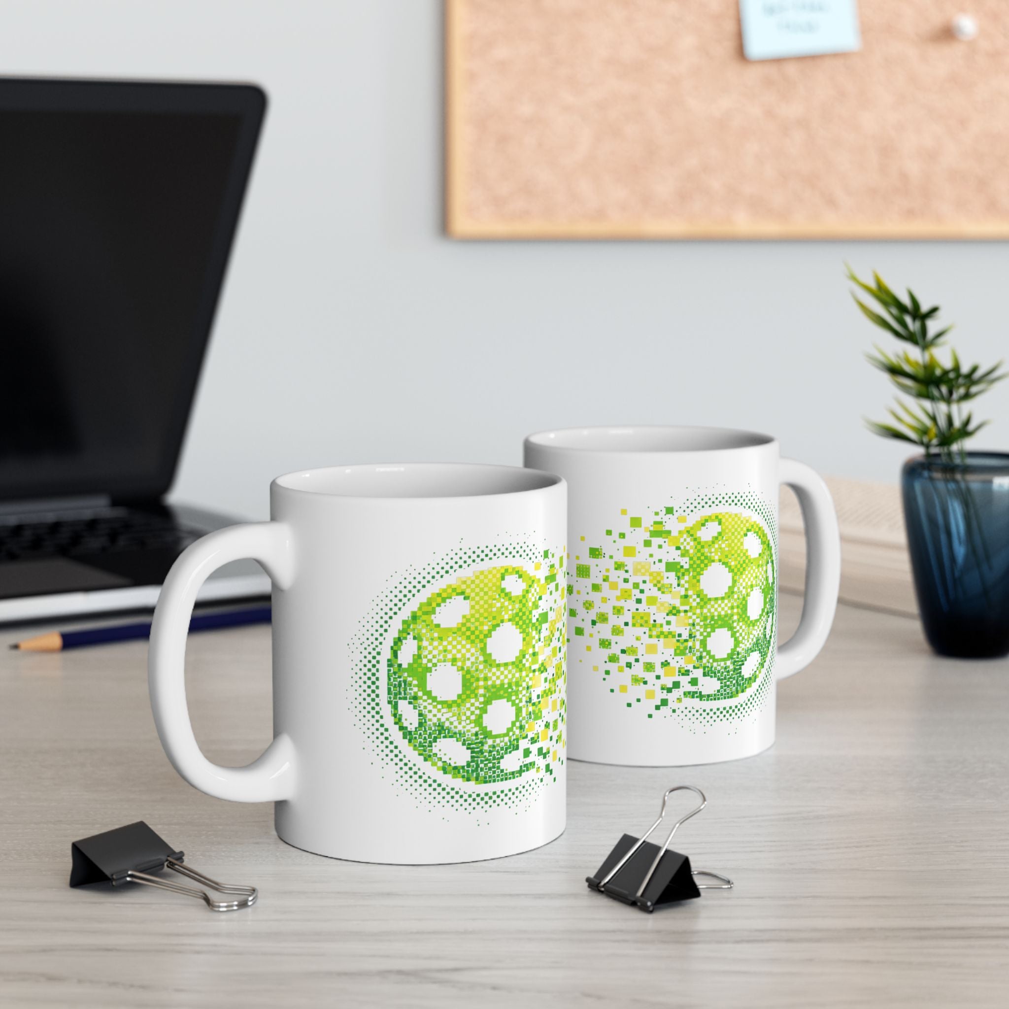 Green ceramic mug with retro pixelated pickleball explosion design, available in 11oz and 15oz sizes, by Printify.