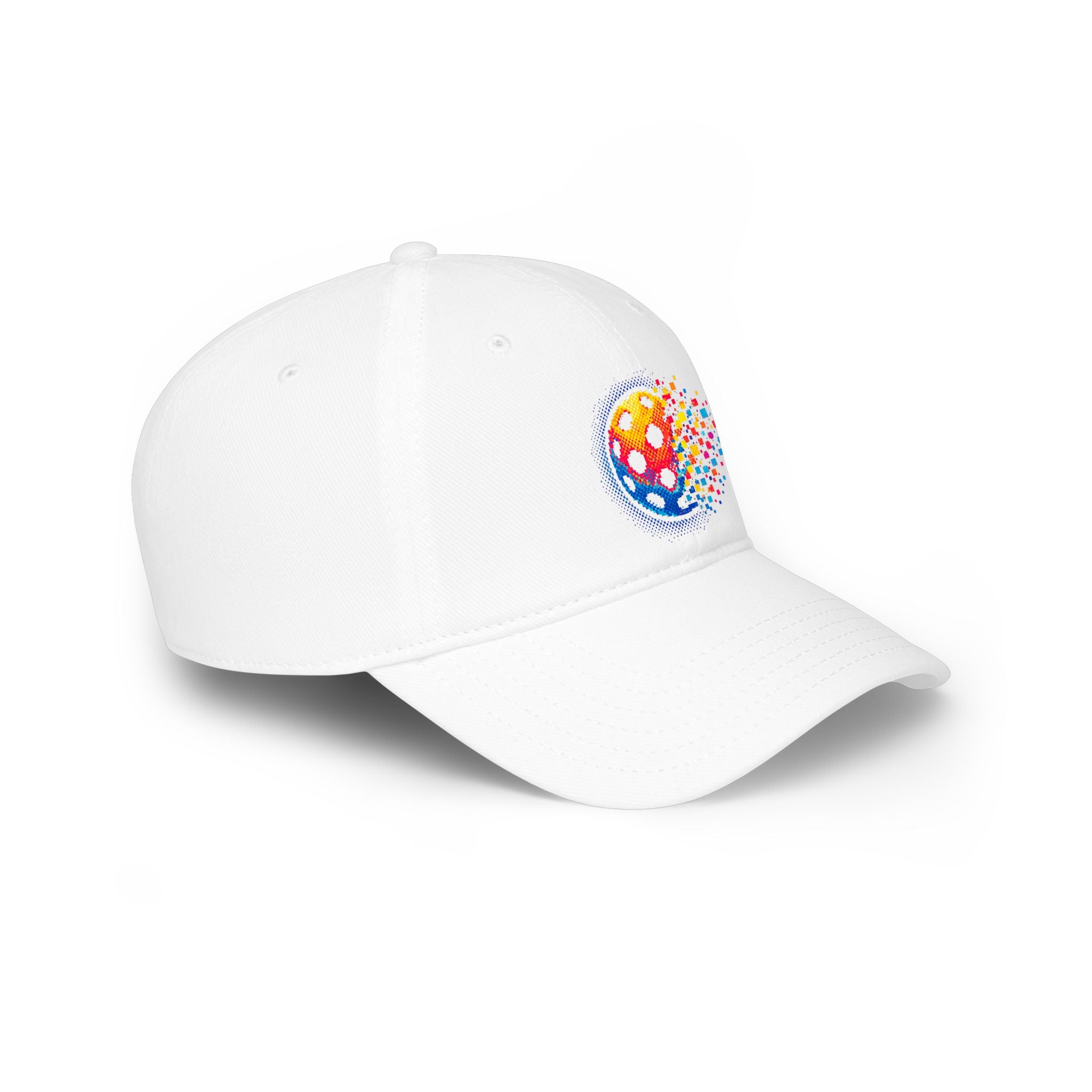 Pixelated Pickleball Cap, low profile cotton baseball hat by Printify, featuring a pixelated pickleball design on a casual hat style.