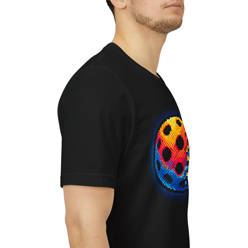 Matrix Burst Pickleball Tee by Printify featuring retro court graphic on a stylish T-shirt for pickleball enthusiasts.