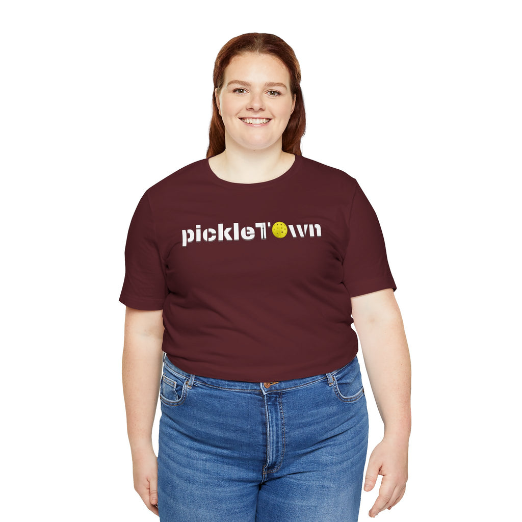 Toronto PickleTOwn T-Shirt featuring CN Tower and pickleball design, comfortable cotton fabric, perfect for pickleball fans.