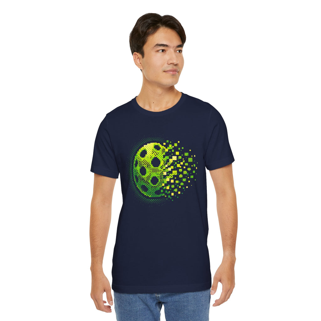 Pixelated Pickleball Tee by Printify, retro court graphic T-shirt in green, featuring a colorful pickleball design on the front.