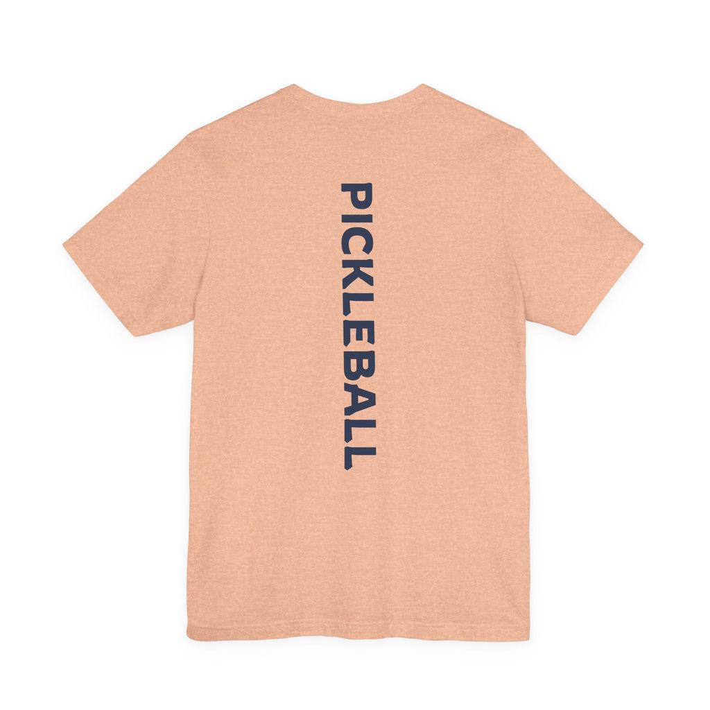 Women's retro-inspired pickleball T-shirt with vertical "PICKLEBALL" back print by Printify, casual and sporty style.