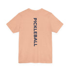 Women's retro-inspired pickleball T-shirt with vertical 'PICKLEBALL' back print, by Printify, casual sportswear.