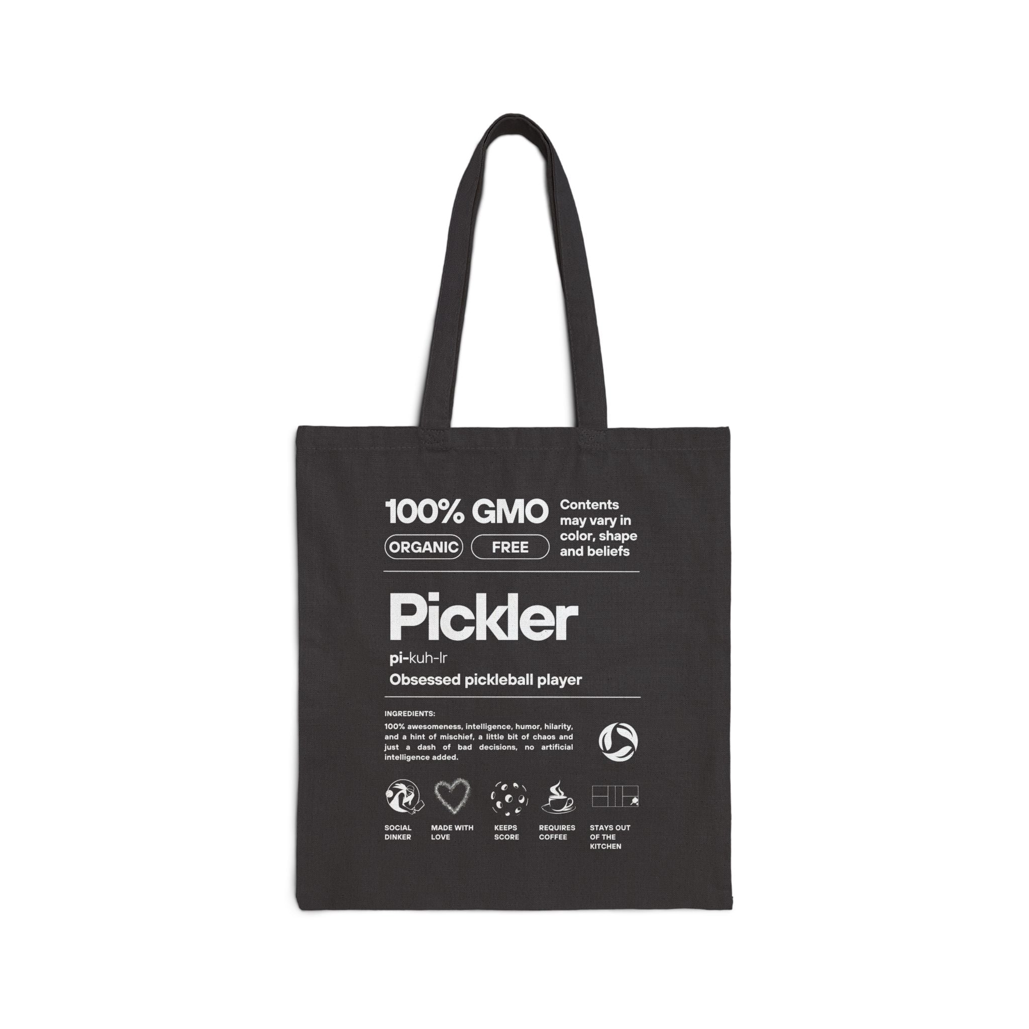 The Pickler Tote Bag | FEMALE Figure | Black or natural | Funny "100% GMO-Free" Cotton Canvas Reusable Bag | Obsessed Pickleball Player Gift