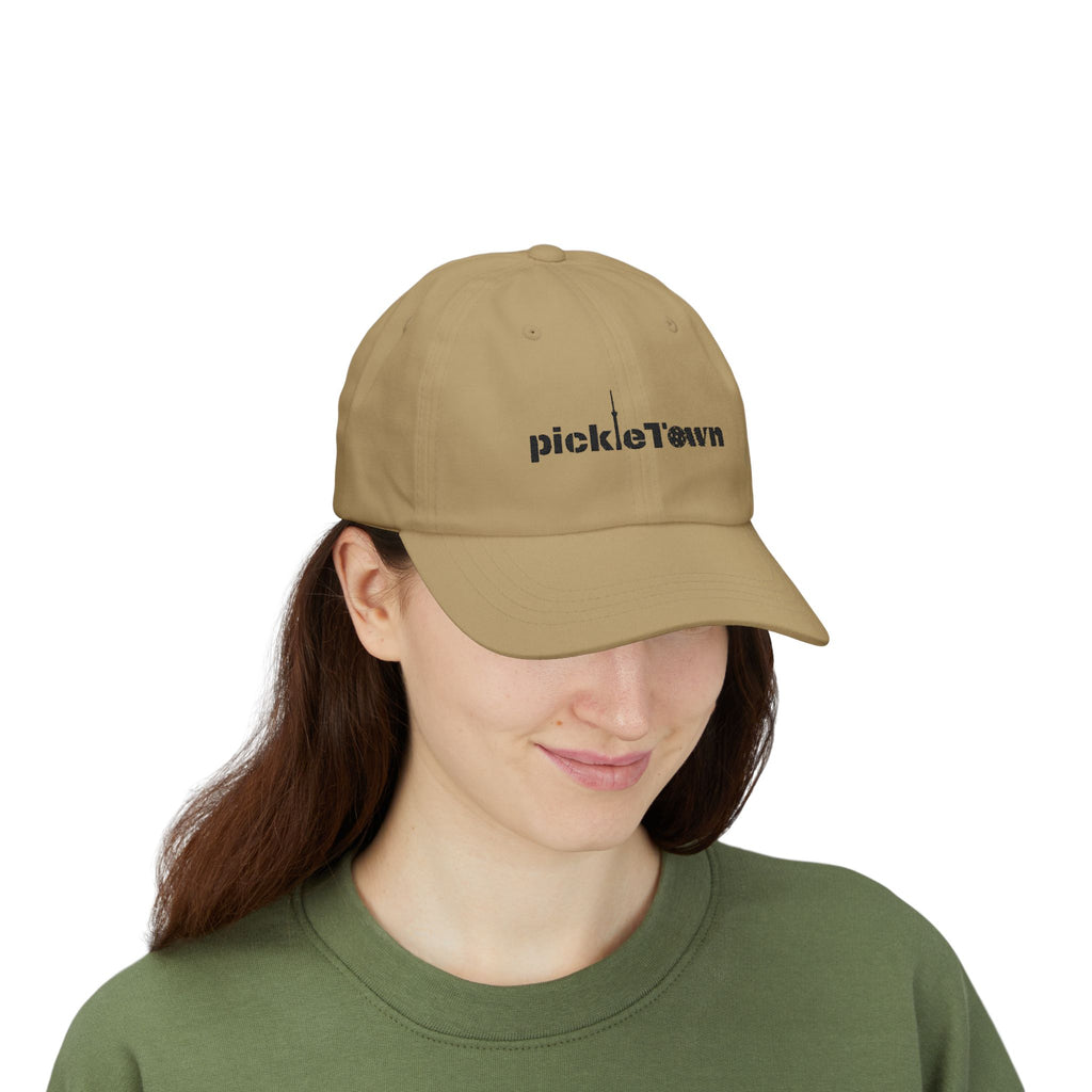 Embroidered PickleTown Toronto classic baseball hat in five colors with adjustable brass buckle, casual sporty accessory.