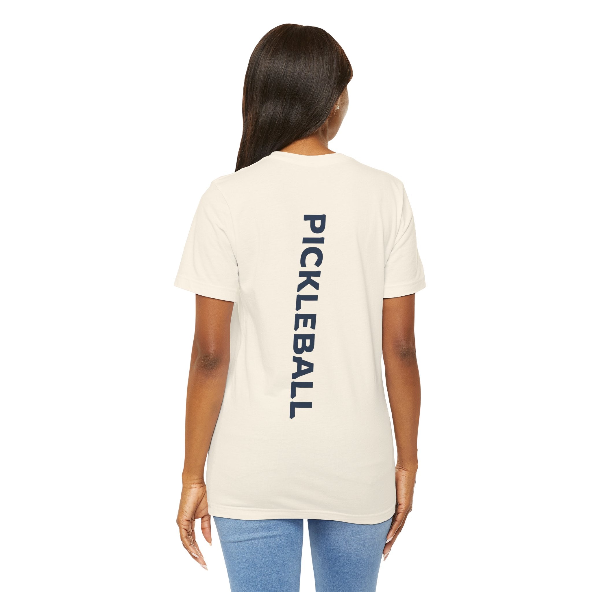 Women's retro-inspired pickleball T-shirt with vertical "PICKLEBALL" back print, by Printify.