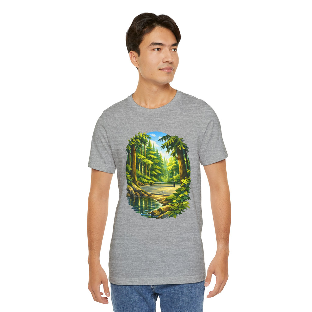 Unisex Hidden Forest Pickleball T-Shirt with Bainbridge Island tribute logo, featuring forest and pickleball graphics.