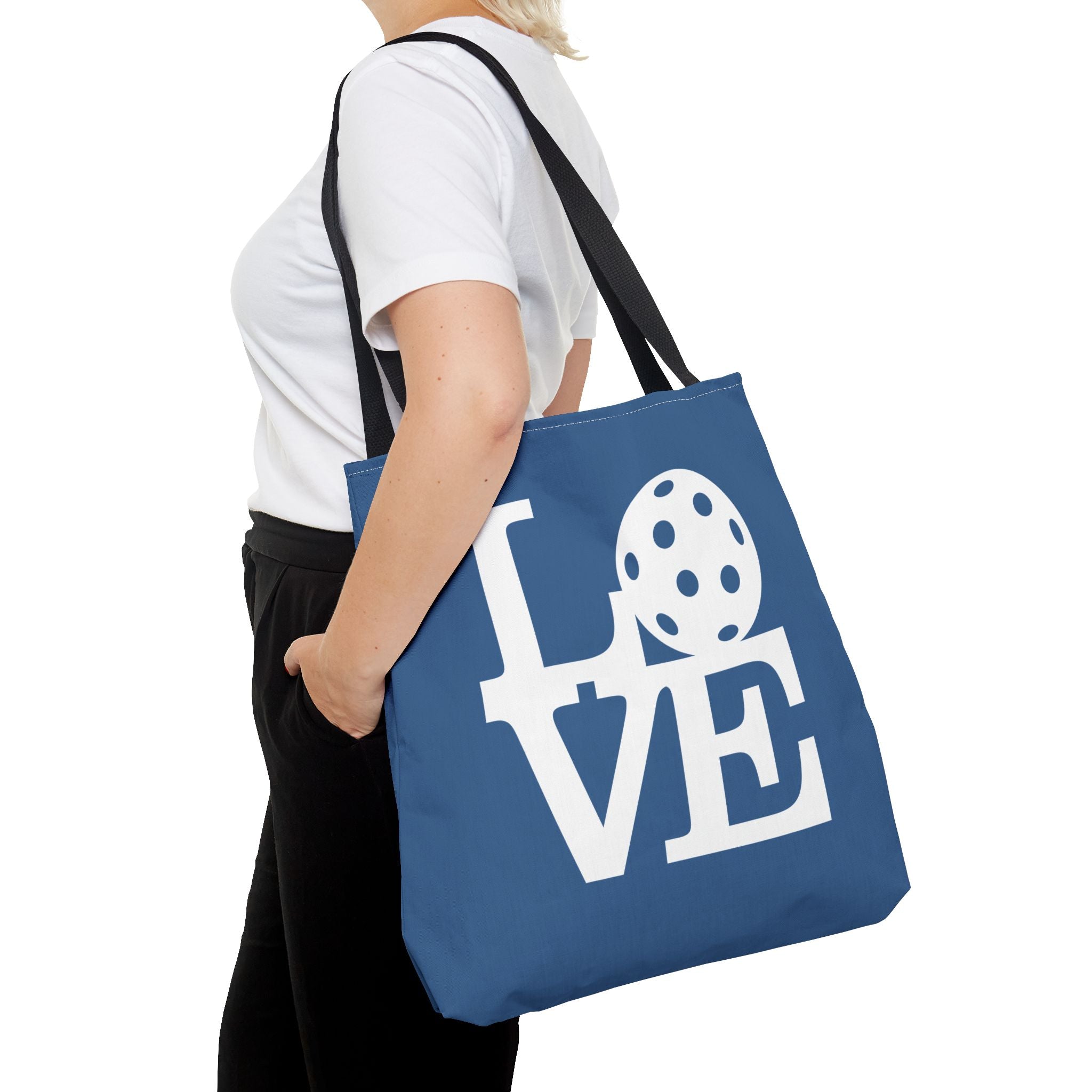 River blue Pickleball LOVE tote bag by Printify featuring a colorful LOVE design, made of durable fabric.