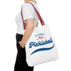 Large Printify pickleball tote bag in red and blue, 18x18 inches, rugged shoulder bag for gear storage and transport