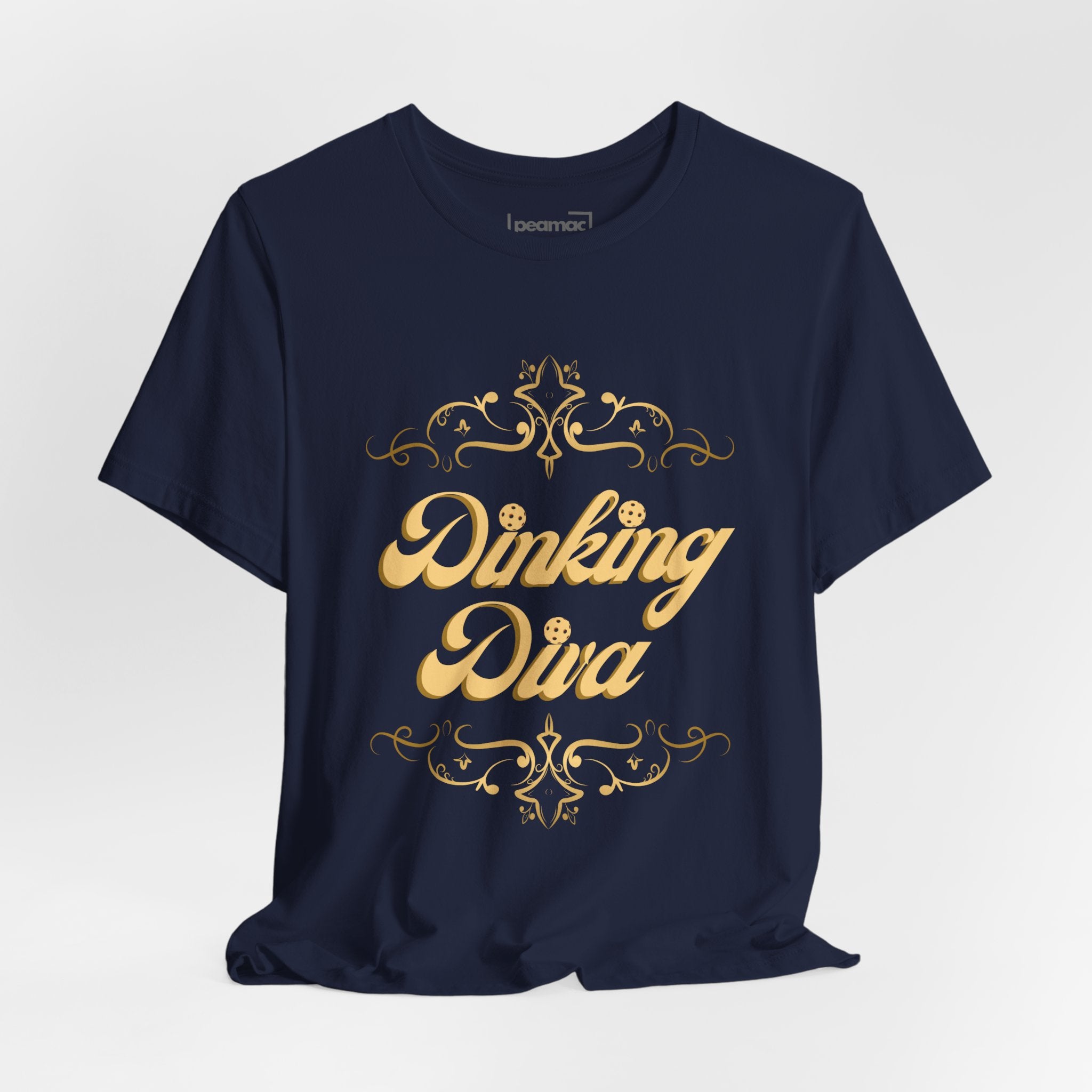 Dinking Diva pickleball T-shirt with gold filigree design, casual fit, and vibrant print on front, ideal for pickleball players.