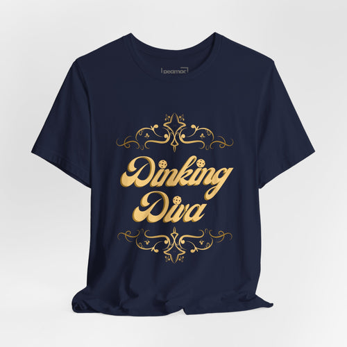 Dinking Diva pickleball T-shirt with gold filigree design, casual fit, and vibrant print on front, ideal for pickleball players.