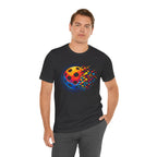 Matrix Burst Pickleball Tee, retro court graphic T-shirt by Printify, white cotton shirt with colorful pickleball design.