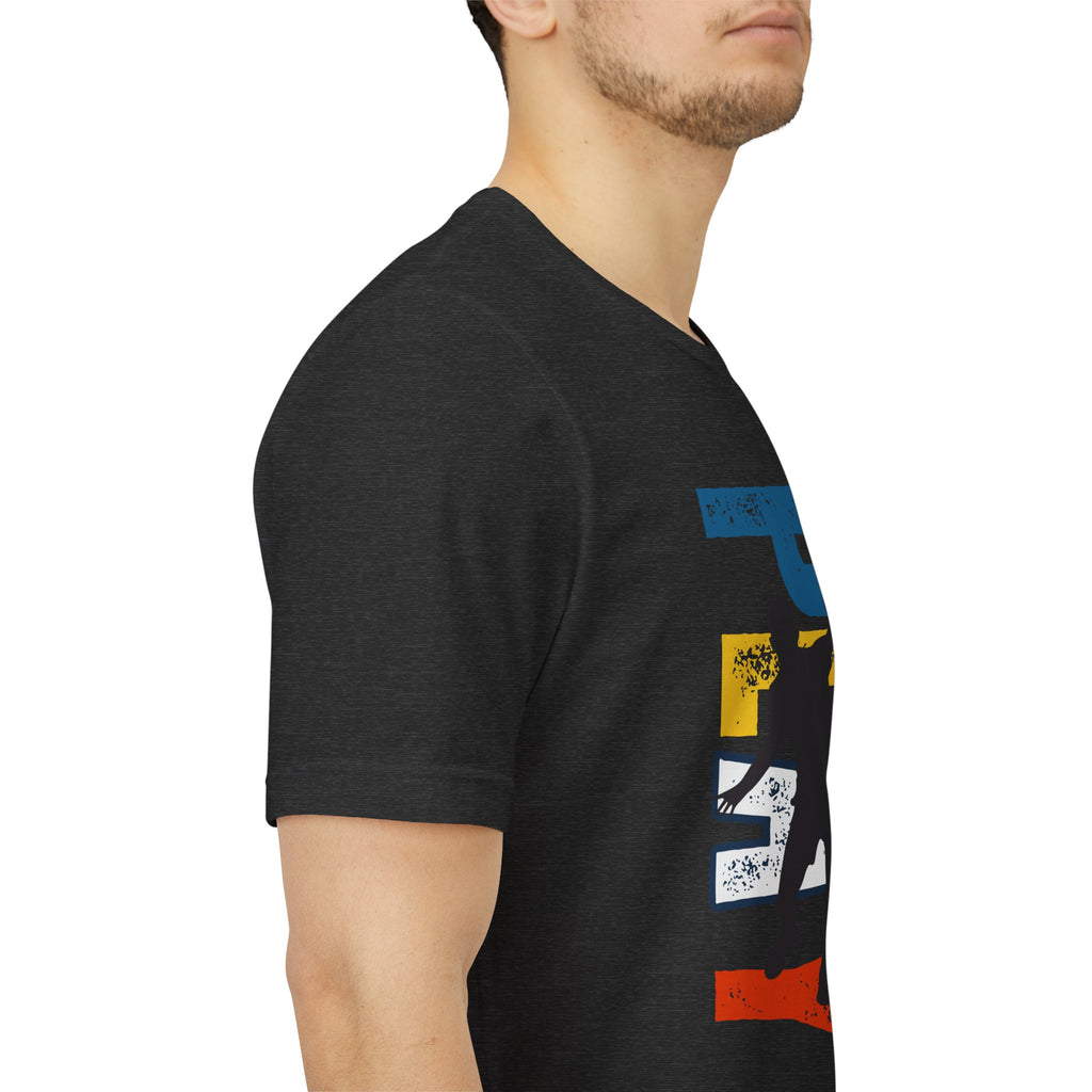 Men's Retro Pickleball Action T-shirt with dynamic front silhouette and vertical "PICKLEBALL" text on the back.