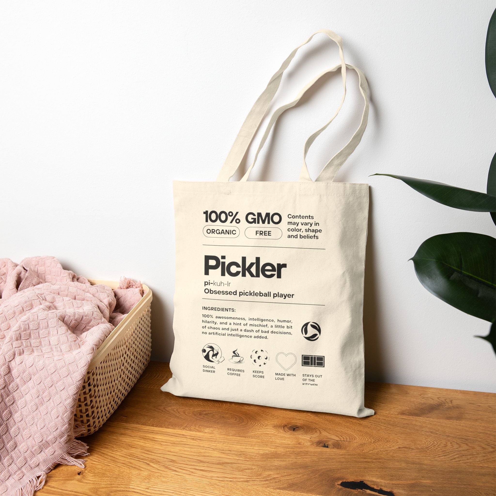 The Pickler Tote Bag | FEMALE Figure | Black or natural | Funny "100% GMO-Free" Cotton Canvas Reusable Bag | Obsessed Pickleball Player Gift