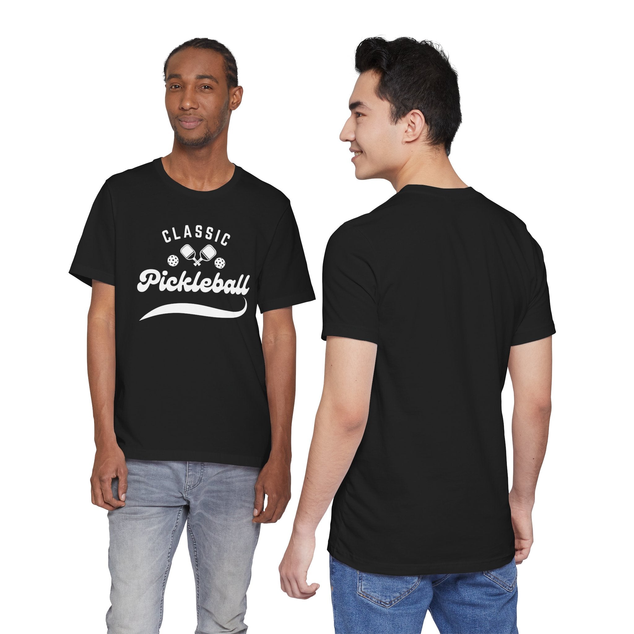 White Classic Pickleball T-Shirt with "Pickleball" script design, casual athletic wear by Printify, front view image.