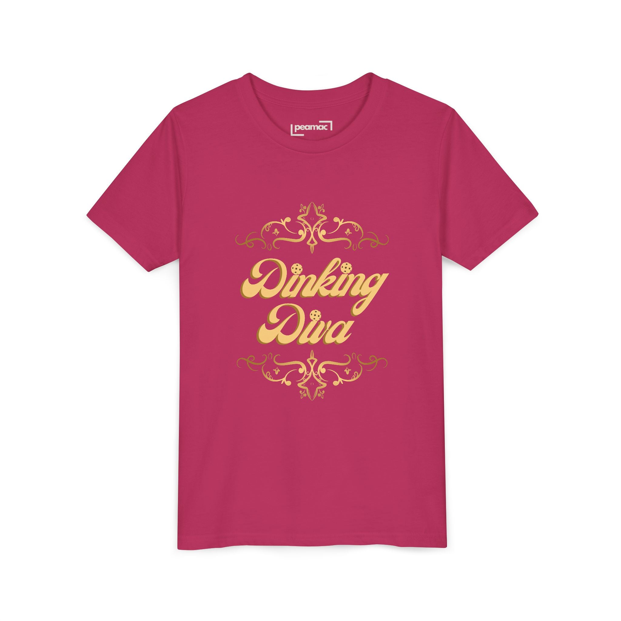 Youth Dinking Diva T-shirt by Printify featuring a gold filigree pickleball graphic on a kids' tee, casual and colorful design.