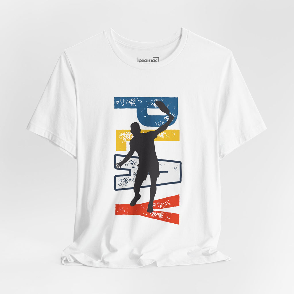 Men's Retro Pickleball Action T-shirt with front silhouette and vertical 'PICKLEBALL' text on the back, by Printify.