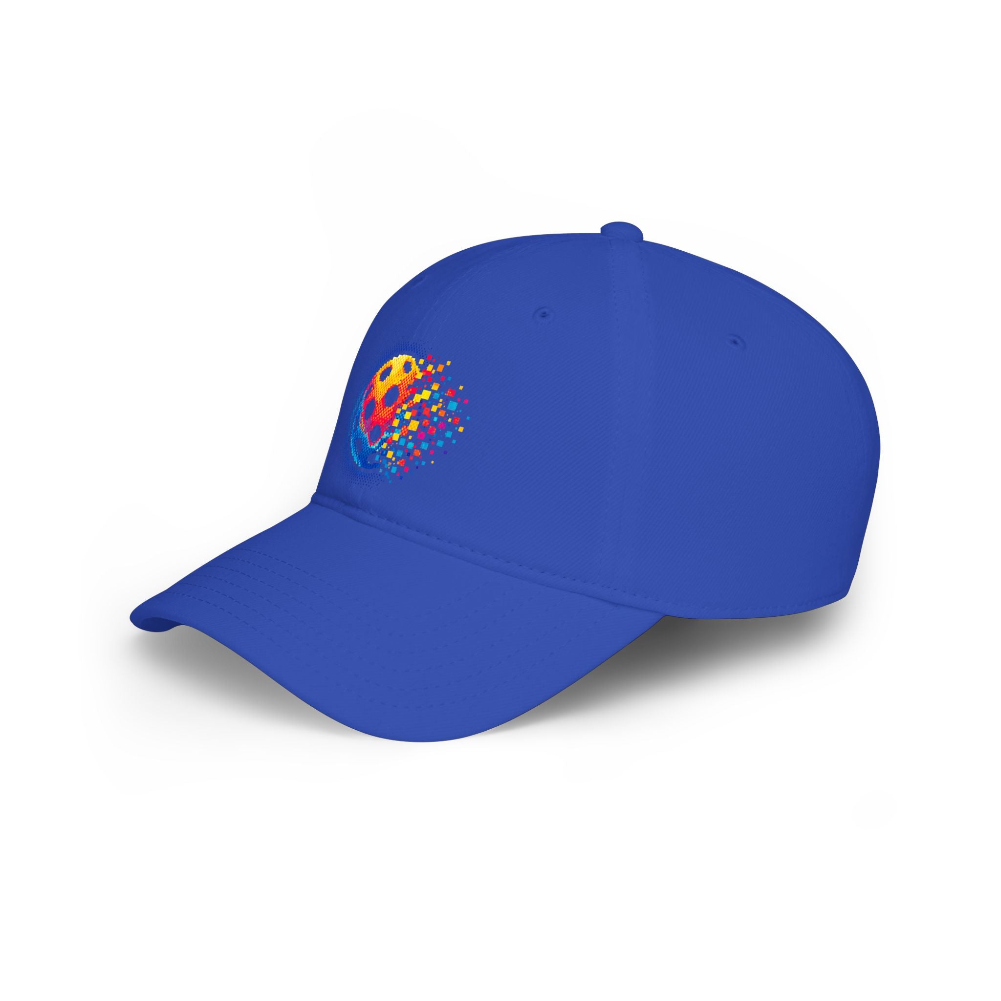 Pixelated Pickleball Cap, low profile cotton baseball hat with pixelated pickleball design, by Printify.